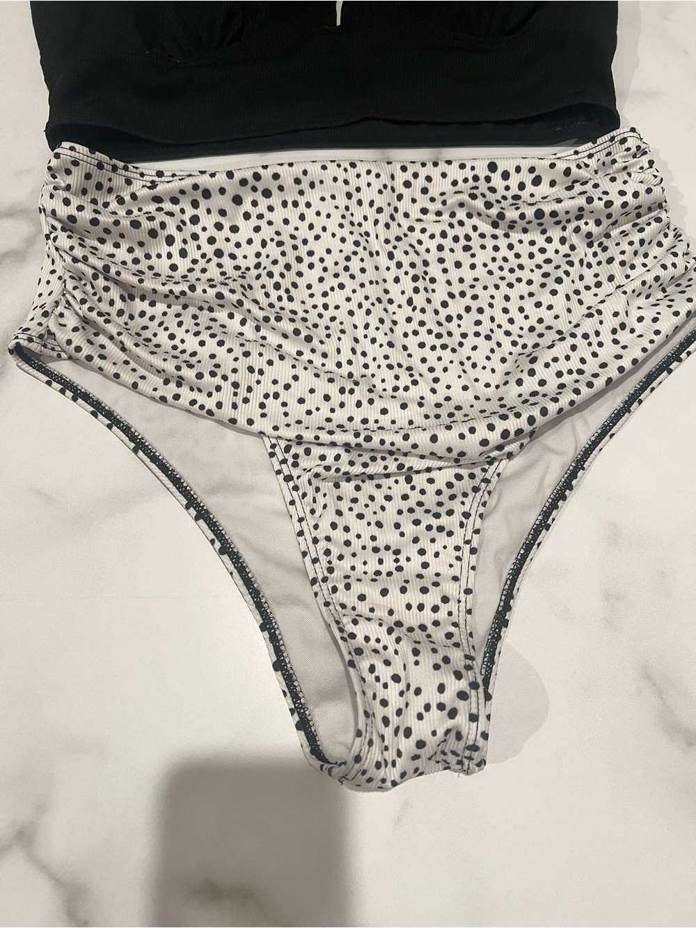 Black Halter Tankini Top with White Polka Dot High-Waist Bottoms - Picture 2 of 5